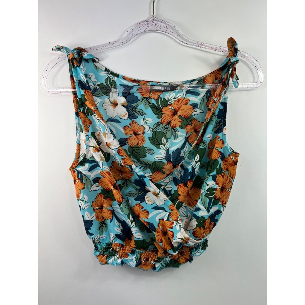 Shein Crop Top‎ Women's Size XS Blue Wrap Tropical Floral Shoulder Ties